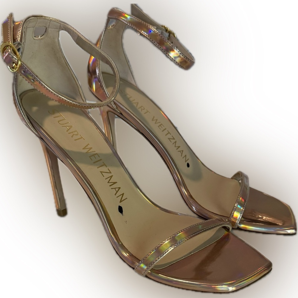 Stuart Weitzman Nudistcurve 100 Ankle Strap Heel Rose Gold Metallic Hologram